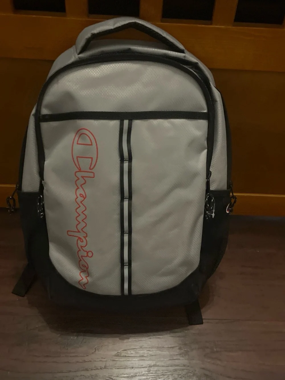 Champion Gray and Black Backpack with Red Script Logo